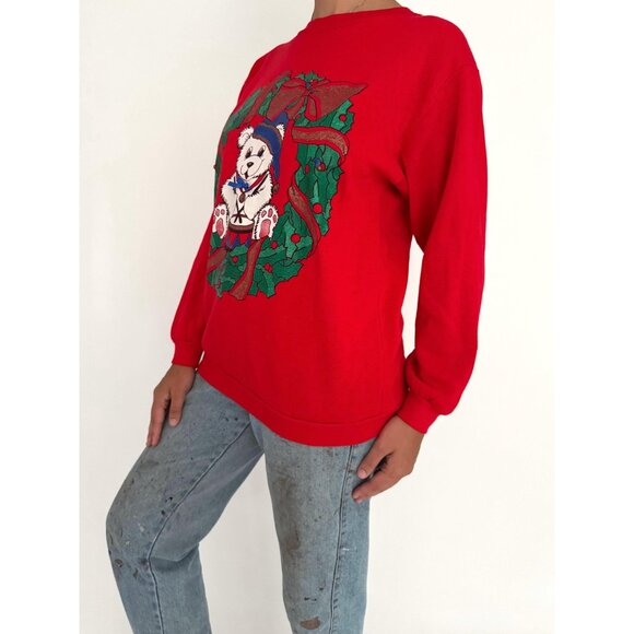 90s vintage red christmas wreath teddy bear graphic acrylic pullover sweater - Picture 3 of 8